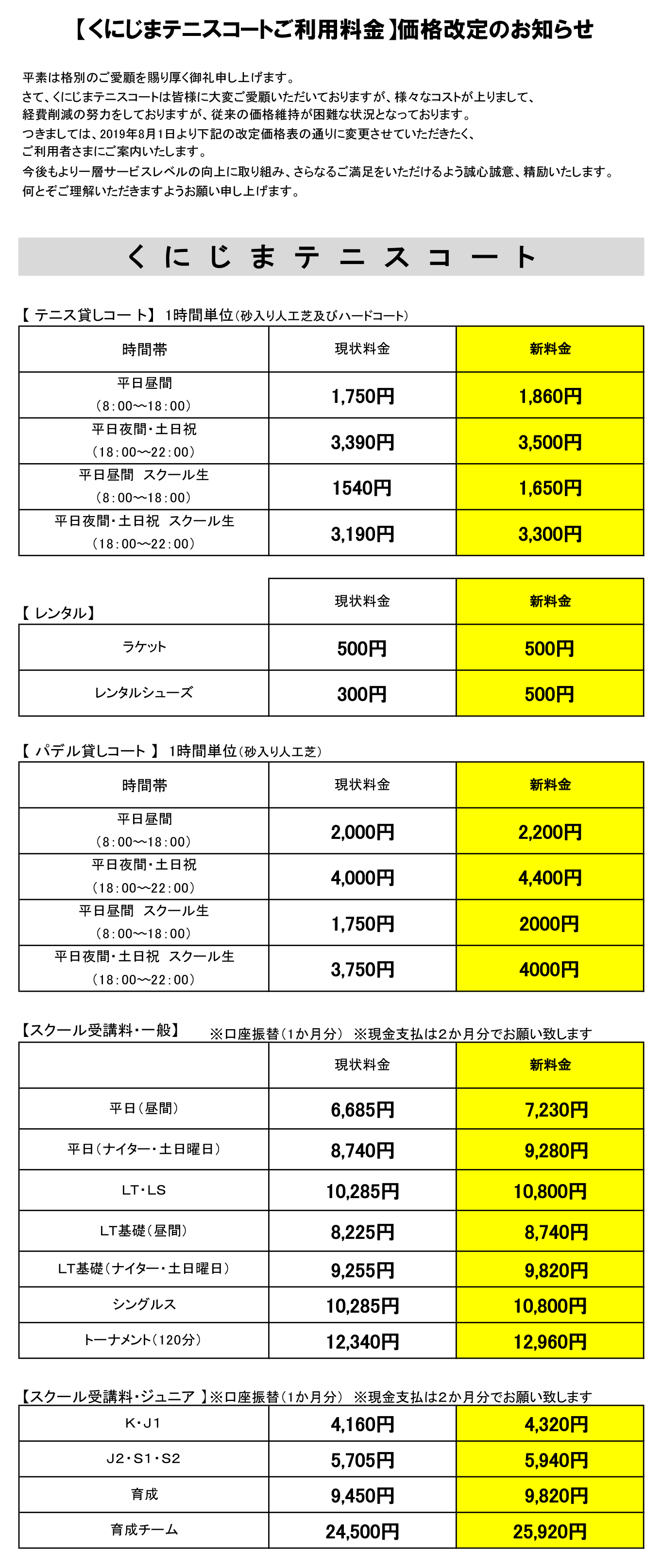 料金改定表